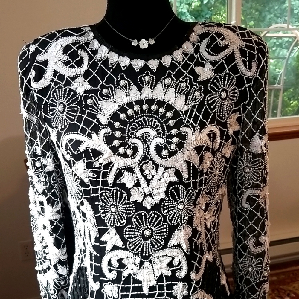 CACHE Vintage 90s Beaded Sequined Silk Dress Black White Small